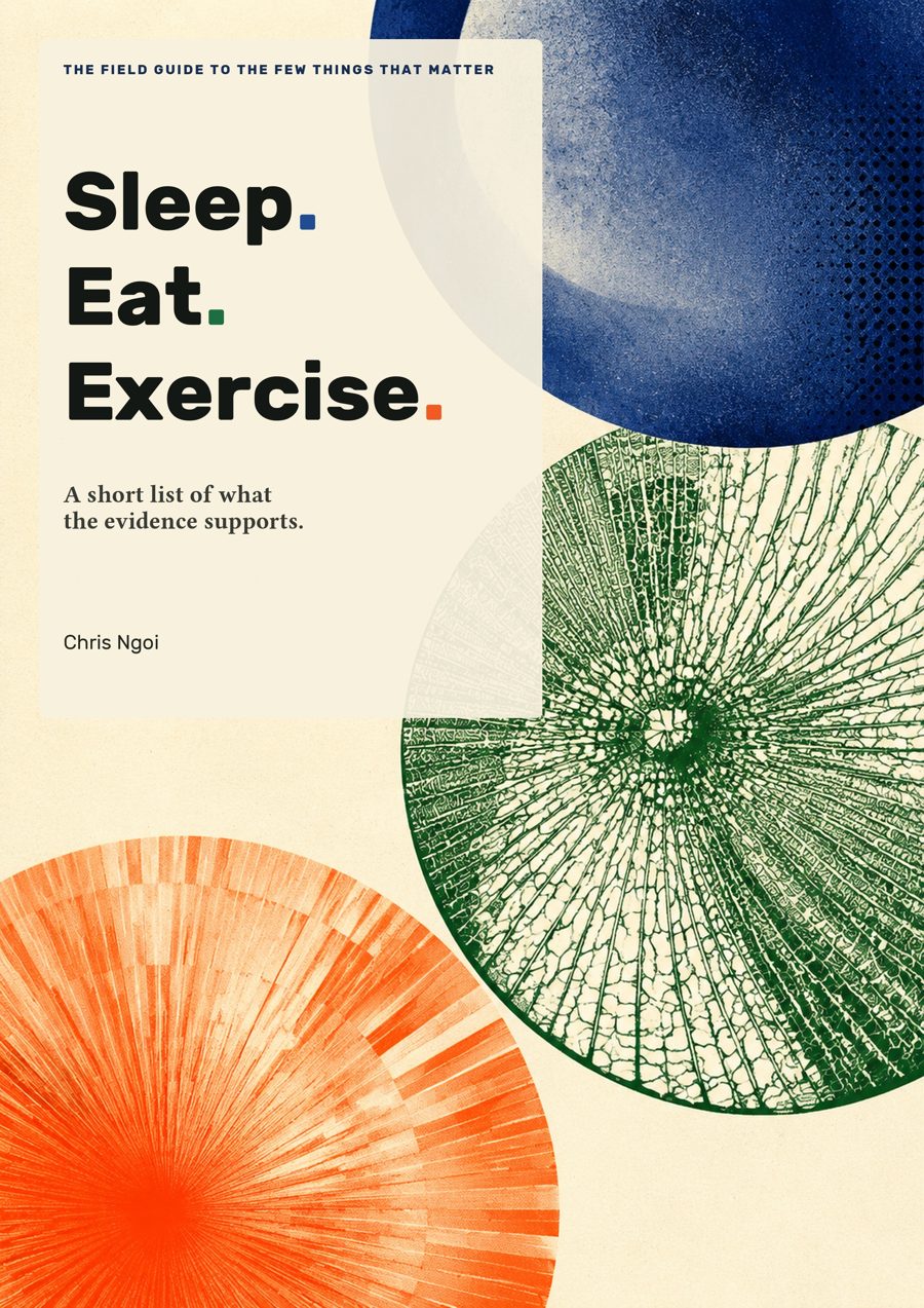 The cover of Sleep. Eat. Exercise.: three textured circles in blue, green and orange on cream, with the strap line A short list of what the evidence supports, by Chris Ngoi.